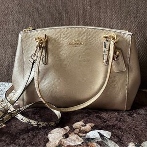COACH Metallic Gold Christie Snake Embossed Straps Carryall Satchel Bag